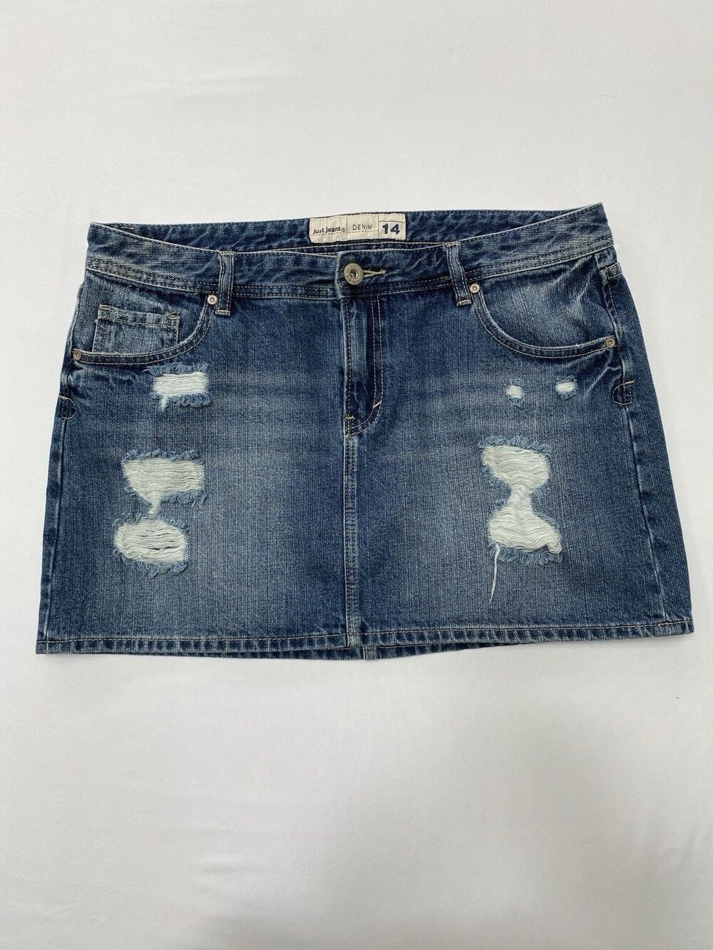 Just Jeans Denim Mini Skirt Size 14 Distressed Y2K Casual Jean Skirt